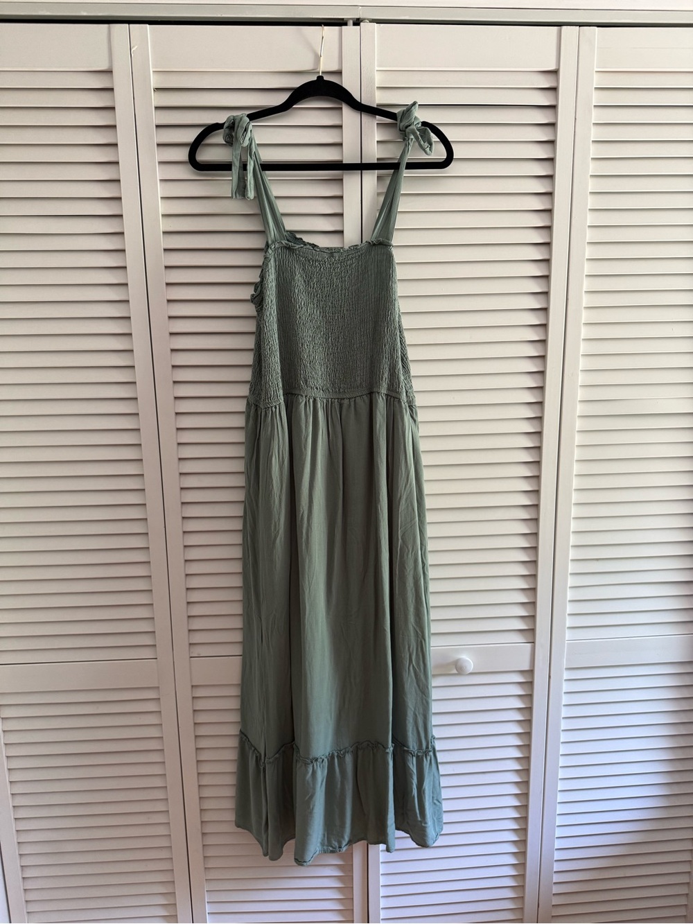 Sage Green Tie-Shoulder Smocked Maxi Dress
